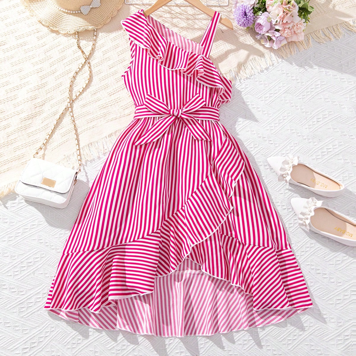 Vestido largo a rayas para niñas preadolescentes con tirantes asimétricos y volantes para playa, vacaciones, verano, viajes