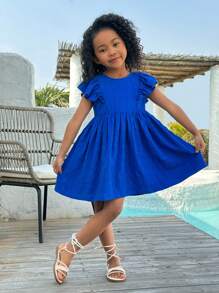 SHEIN Young Girl's Daily Casual Solid Color Round Neck Dress - Blue - View 1