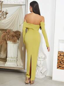 Elegant, Vintage Bandeau Backless Puff Long Sleeves Pleated Back Split Dress - Yellow - View 2