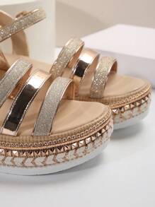 金色坡跟仙女凉鞋，春夏交叉绑带厚底罗马鞋，百搭显瘦，旅行必备 - 金色 - 查看 7