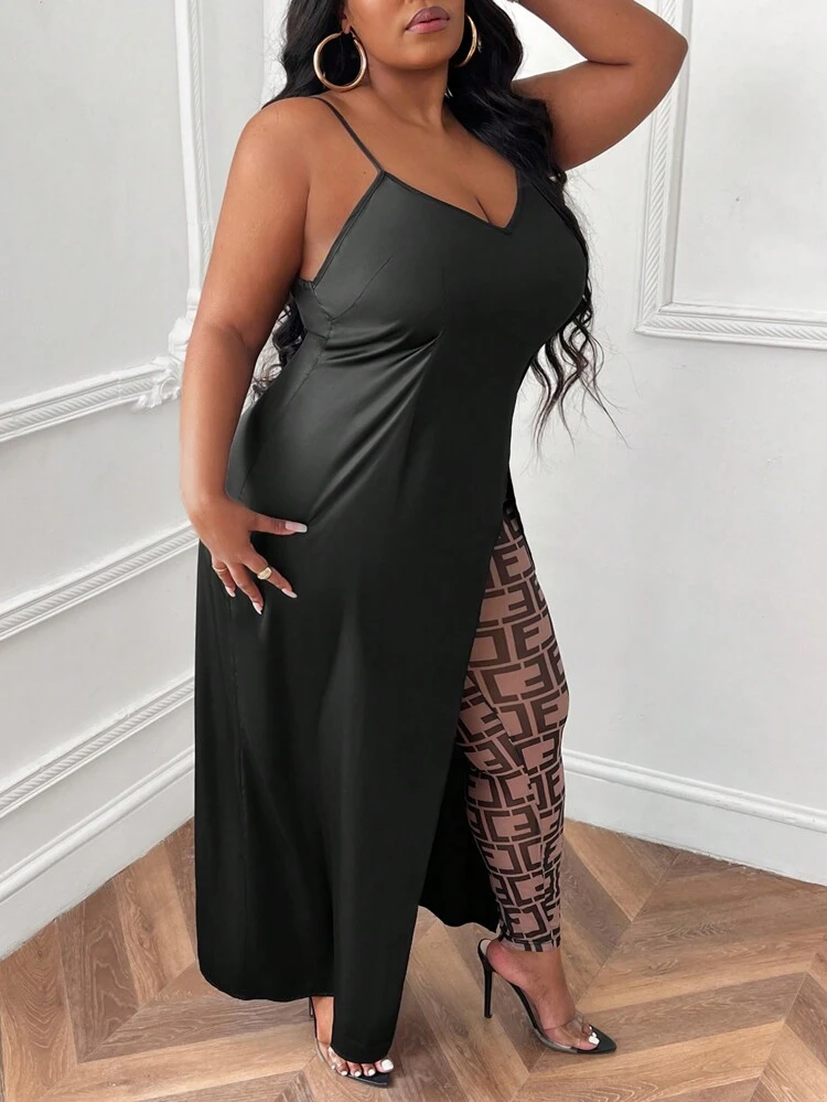 Valentine's Day Party Elegant & Sexy Slim Satin Camisole Top And Mesh Letter Fabric Pants For Women Plus Size Sexy Two-Piece Outfit