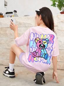 SHEIN 少女針織寬鬆短袖t恤,帶有熊和字母印花 - 淺粉色 - 查看 1