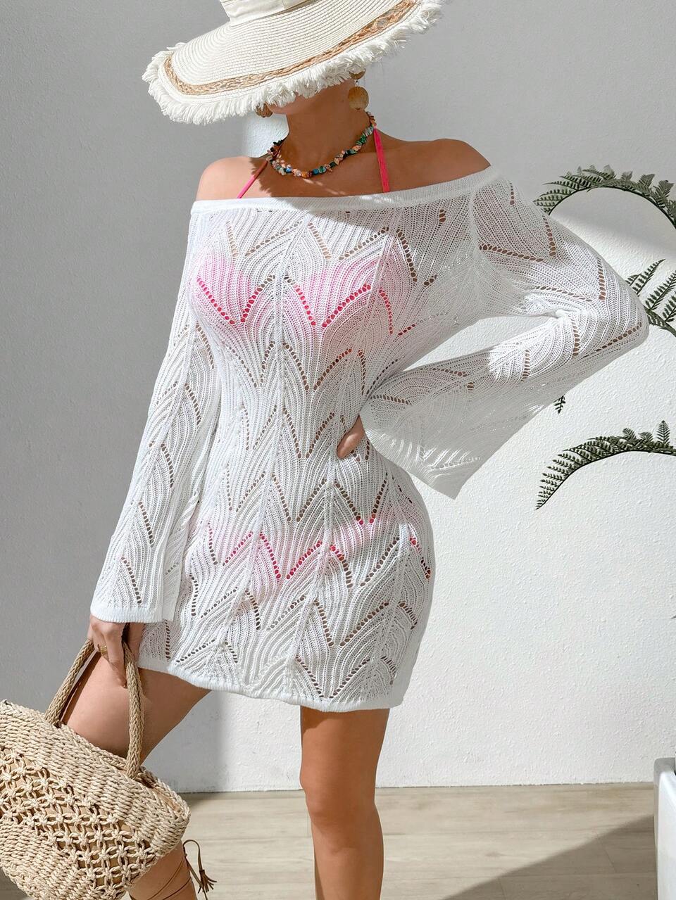 Ladies' Solid Color Knitted Off Shoulder Sweater Dress With Hollow Out Detail Fall Cloth For Women