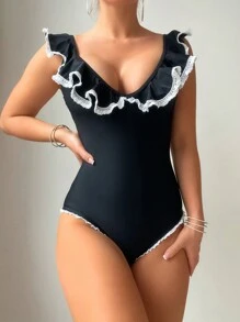 SHEIN Swim Women'S Black One-Piece Swimsuit With Ruffle Trim Music Festival Summer
