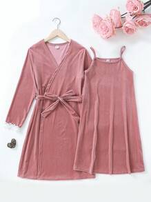 Teen Girl's Simple Design Velvet Cami Sleepdress And Matching Long Robe Two-Piece Homewear Set, Light Pink - Dusty Pink - View 1