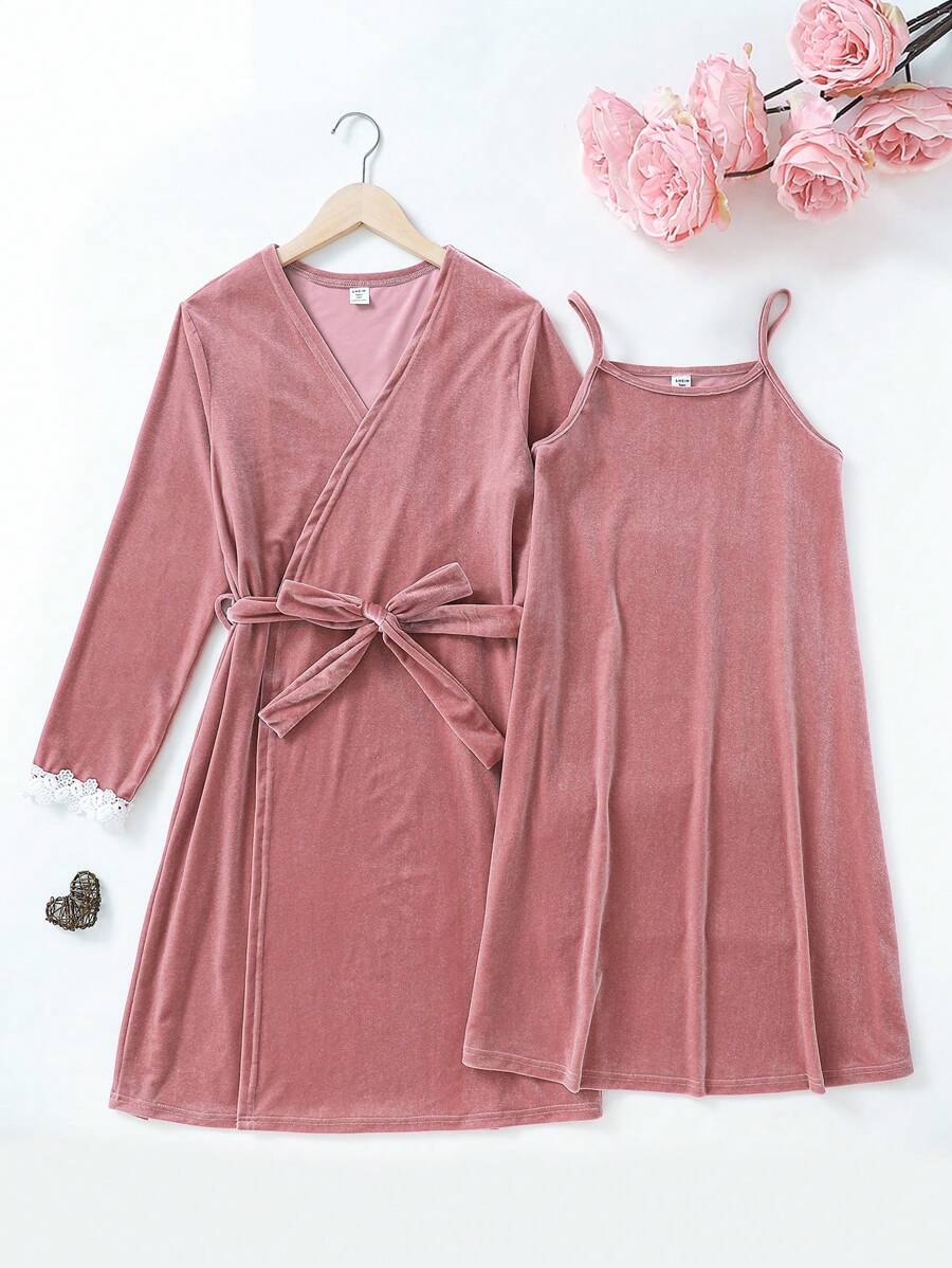 Teen Girl's Simple Design Velvet Cami Sleepdress And Matching Long Robe Two-Piece Homewear Set, Light Pink - Dusty Pink - View 1