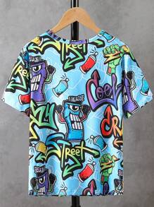 SHEIN Tween Boys' Cartoon & Letter Printed Short Sleeve T-Shirt