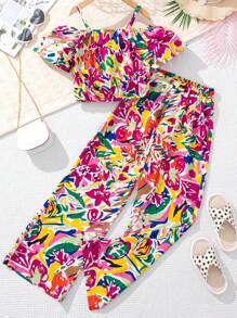 SHEIN 2pcs Tween Girls' Off-The-Shoulder Floral Print Top And Pants Set - Multicolor - View 1