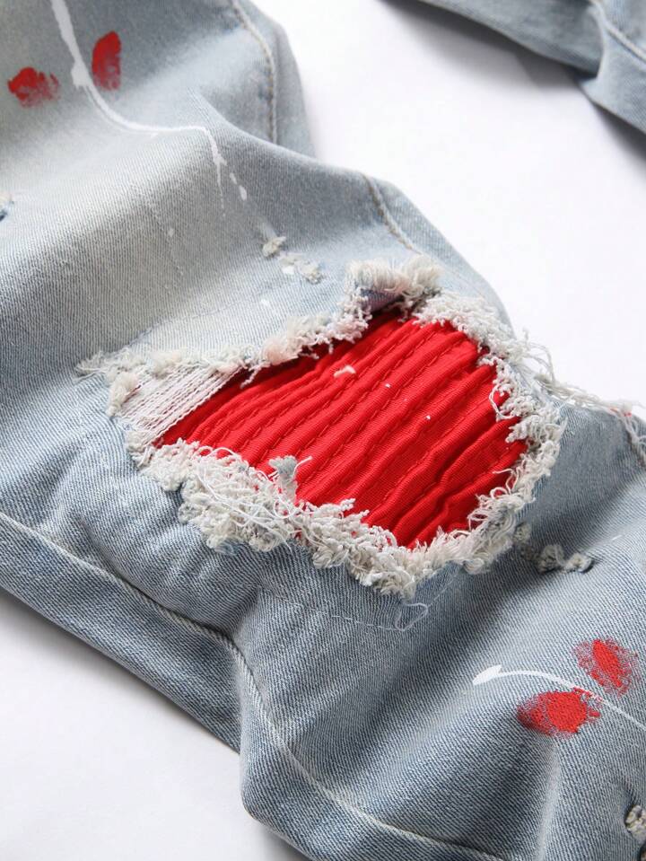 Manfinity LEGND Men's Patchwork Ripped Jeans, Frayed Jeans, Slim Fit Long Ripped Light Blue Cargo Jeans, For Husband, Boyfriend Gifts