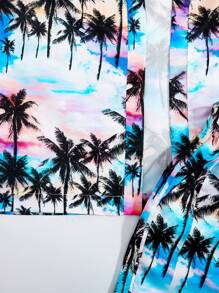SHEIN 少年男孩夏威夷風格棕櫚樹印花編織泳裝套裝,包含短袖襯衫和短褲 - 彩色 - 查看 3