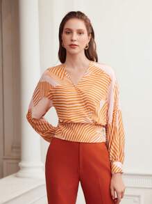 MOTF PREMIUM WOVEN WOMEN'S STRIPED PRINT SURPLICE NECK BLOUSE