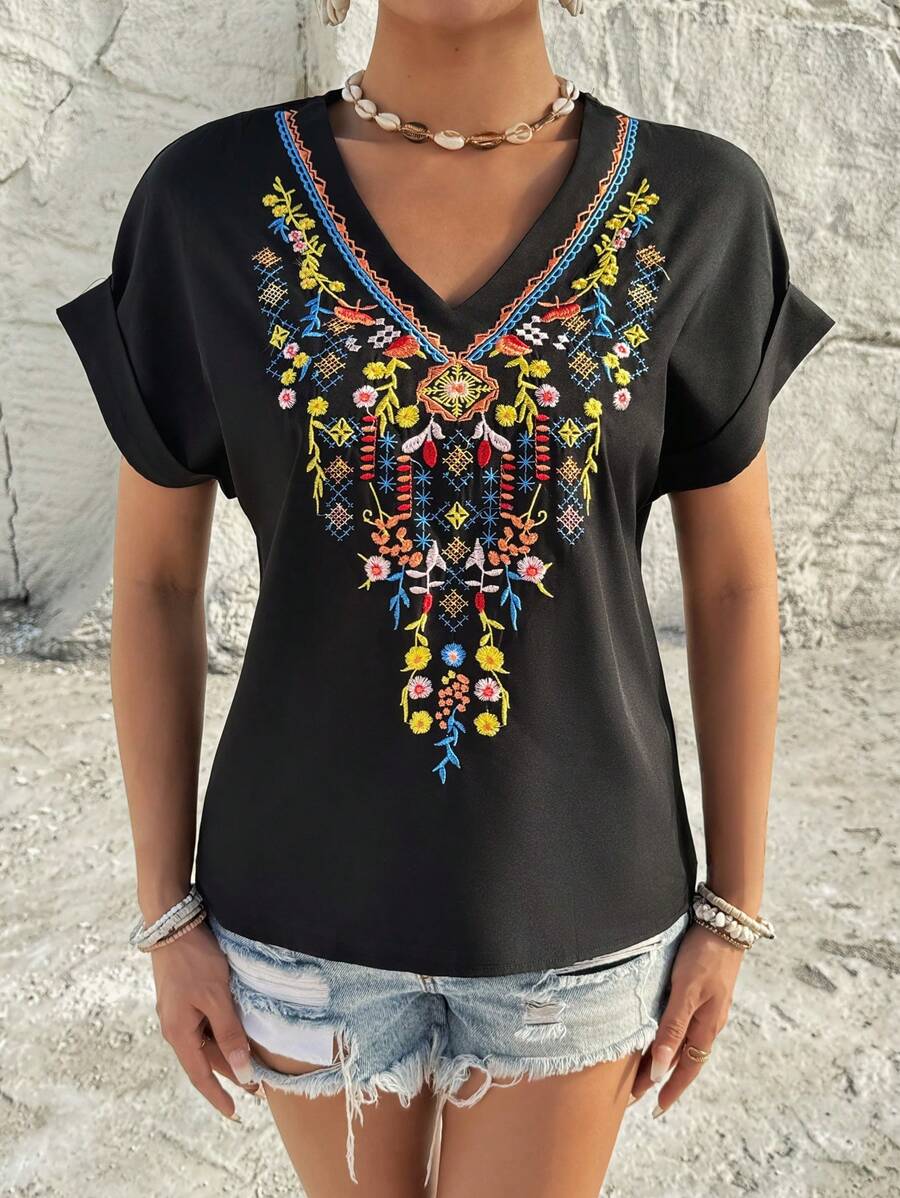 Breezaya Women's Plant Embroidered V-Neck Blouse