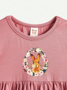 Cozy Pixies Vestido de manga sin mangas con patrón de conejo y ribete con volantes en el cuello redondo y la cintura para bebé niña, conjunto de 2 piezas