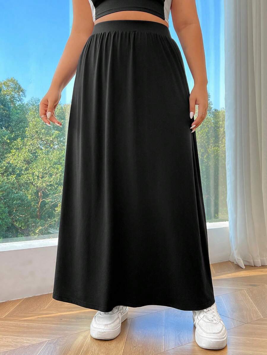 SHEIN EZwear Plus Size Black Knitted Long Skirt - Black - View 1