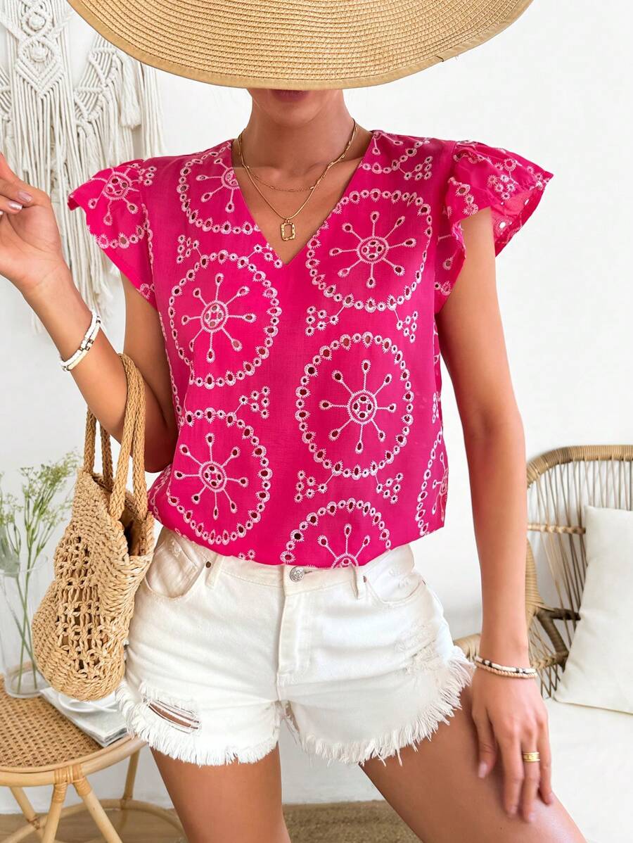 Breezaya Blusa Con Adornos De Encaje Con Bordado Recortado Hueco - Rosa Fucsia - Ver 1