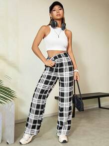 SHEIN Unity Quý cô Eo đàn hồi Kẻ sọc Quần Với Túi xéo - Đen và trắng - Xem 6