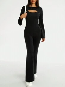 SHEIN EZwear Của phụ nữ Màu thuần Bộ - màu đen - Xem 4