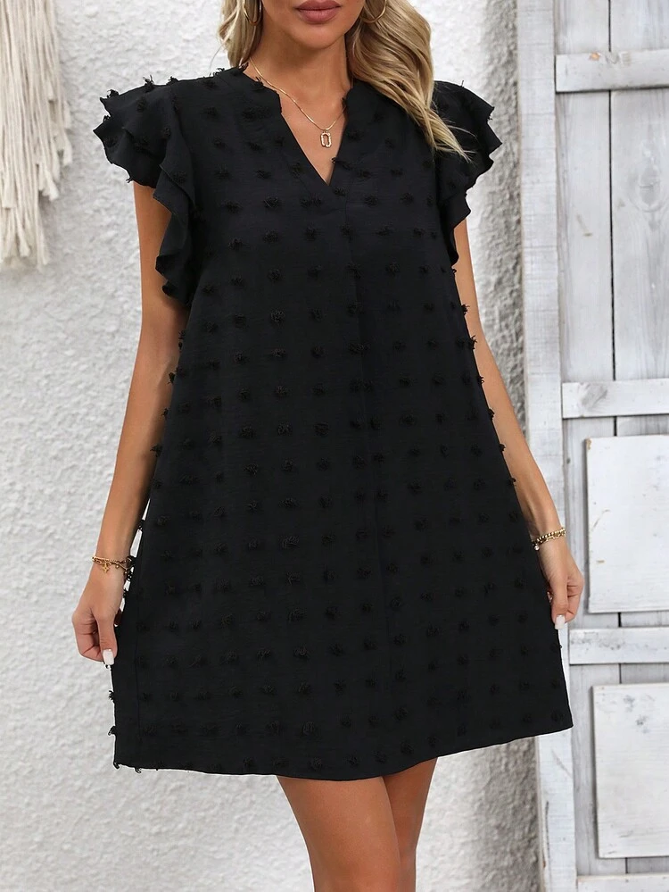 Women's Notched V-Neck Short Cap Sleeve Mini Dress