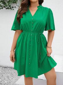 SHEIN Clasi Saint  Patrick Day Plus Size Solid Color Notched Neckline & Waist-Cinching A-Line Green Dress - Green - View 1