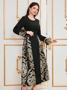 Modelyn Gold Foil Print Patchwork Dress - Black - View 6