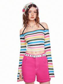 SHEINNeu Multicolor Striped Lady Halter Sweater With Off-Shoulder Neckline - Multicolor - View 3