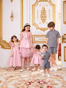 SHEIN Baby Boy Outfit, Short Sleeve Polo Shirt With Button Placket And Decorative Woven Tape Detail On Collar, Casual Shorts Set