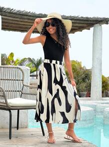 SHEIN Leap Crew Tween女孩休閒針織實色單肩上衣和圖案印花a字裙 - 黑與白 - 查看 1