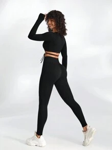 Lifespree Wrap Tie Crop Long Sleeve Top And Leggings Sports Set