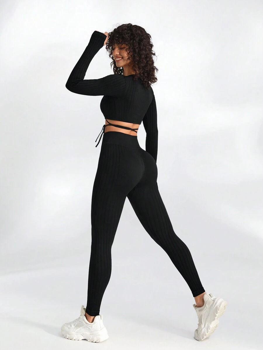 Lifespree Wrap Tie Crop Long Sleeve Top And Leggings Sports Set