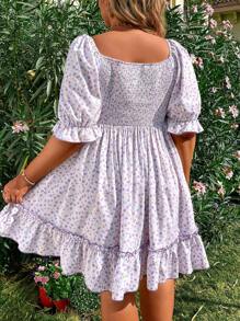 Flirla 大尺碼女款花卉印花短泡泡袖連身裙 - 紫色 - 查看 2