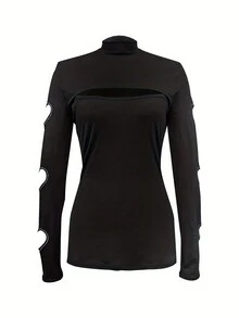 Sedessea 女士时尚立领长袖水钻心形镂空性感休闲 T 恤，春/夏/秋 - 黑色 - 查看 4