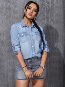 Của phụ nữ Flip Túi Tay áo dài Áo denim Áo - Rửa nhẹ - Xem 4