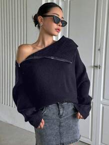 DAZY 女用不對稱拉鍊長袖開襟衫 - 藏蓝色 - 查看 3