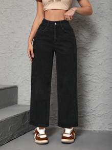 SHEIN PETITE Women's Mid-Rise Straight Leg Jeans - Black - View 1