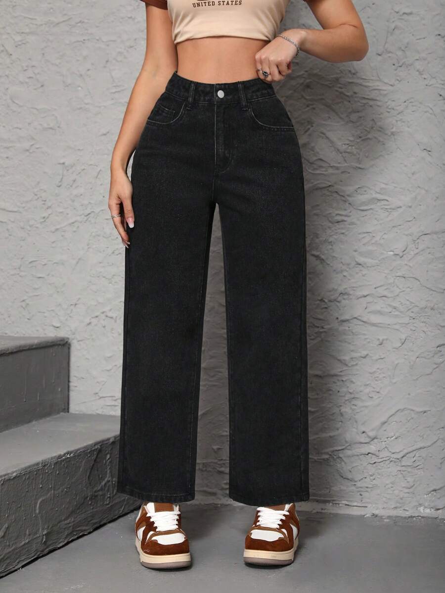 SHEIN PETITE Women's Mid-Rise Straight Leg Jeans - Black - View 1