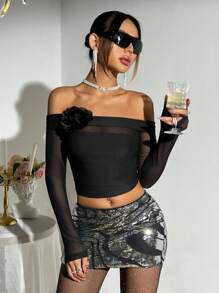 SHEIN ICON 露肩透視網眼修身長袖T卹，3D花卉點綴