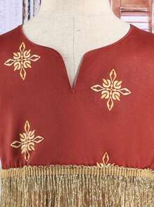 SHEIN Conjunto De 2 Piezas Para Niña Con Camisa De Manga Larga Y Falda Larga De Flores Vintage Impresa Con Borlas Doradas En El Dobladillo, Para Uso Diario - Multicolor - Ver 4
