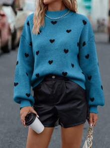 SHEIN LUNE Long Sleeve Pullover Sweater With Heart Pattern, Knit Pullover Fall Winter - Blue - View 4