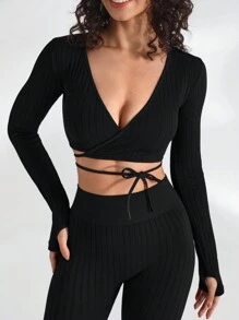 Lifespree Wrap Tie Crop Long Sleeve Top And Leggings Sports Set