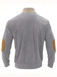 Men's Color Block Buttoned Half Placket Polo Shirt For Spring And Autumn, Fall, Long Sleeve Top - Grey - View 2