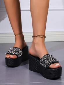 Của phụ nữ Nền tảng Nêm Gót chân Dép xăng đan Với Kim cương giả , Chóp giầy mở ra Cao gót Dép đi trong nhà Cho mùa hè 2024 - màu đen - Xem 3