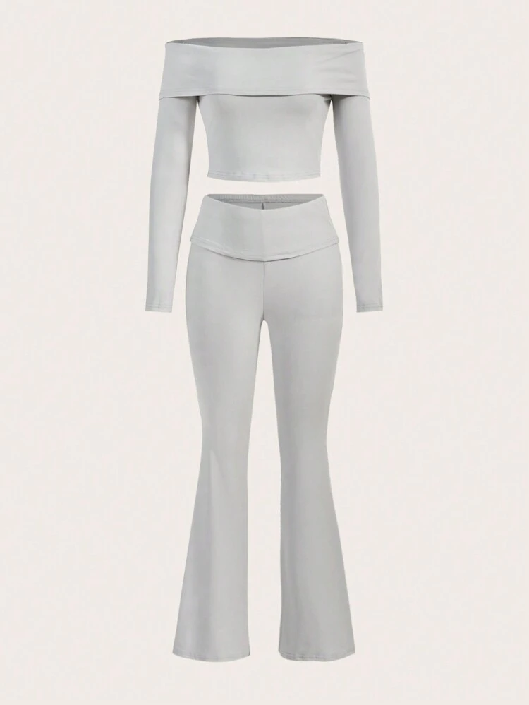 Women's Off Shoulder Crop Top And Pants Two Piece Outfit