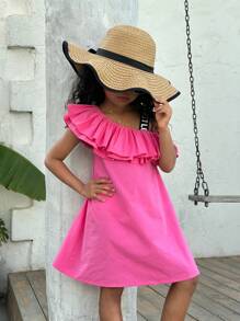 SHEIN Young Girl Urban Fashion One Shoulder Ruffle Hem Dress For Spring/Summer - Hot Pink - View 6
