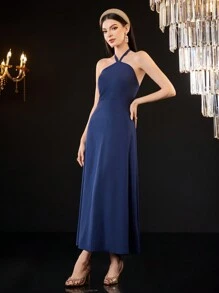 Modelyn Ladies' Gold Foil Print Coat & Solid Color Halter Dress Set 2 Piece Set Fall Cloth For Women - Navy Blue - View 8