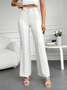 EURMUSE High Waist Seam Detail Trousers - White - View 2