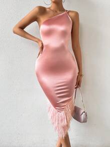 Chiquease Robe Moulante À Frange Avec Ourlet À Franges Asymétrique Et Encolure Asymétrique Unie - Rose bonbon - Voir 1