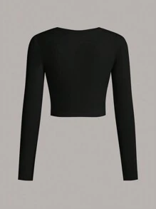 SHEIN EZwear 2 chiếc/Bộ Áo thun nữ cổ tròn dài tay bó sát màu trơn đơn giản, phù hợp cho mùa xuân và mùa thu - Nhiều màu - Xem 4