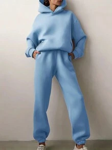 SHEIN Essnce 女式純色連帽衫和運動褲套裝,簡單休閒