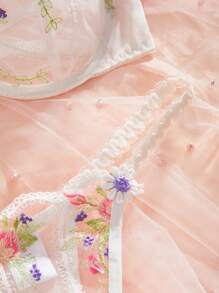 Conjunto De Lencería Sexy De Malla Bordada De Flores Para Temporada De Bodas - Multicolor - Ver 5
