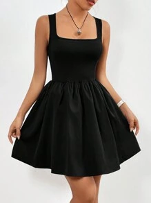 SHEIN EZwear 女性方領無袖連衣裙 - 黑色 - 查看 4